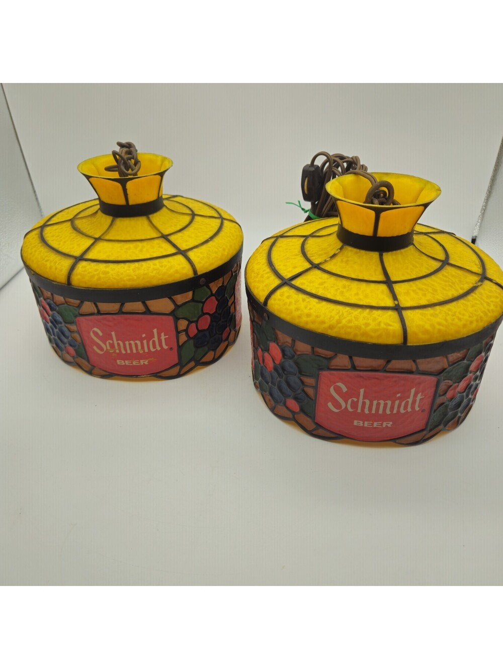 Vintage Schmidt Beer Set Of 2 Hanging Lights Faux Stained Glass Pladtic 7"x8"